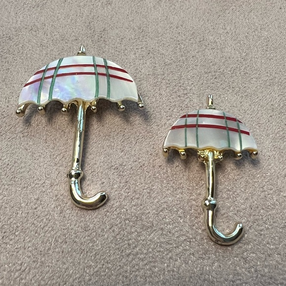 Jewelry - Gold Tone Mother-of-Pearl Umbrella Pin Brooch Set with Red & Green Stripes